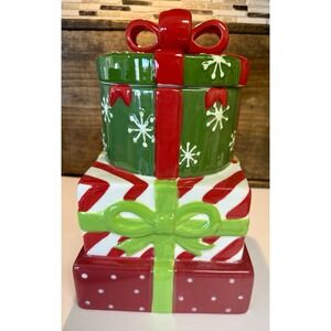 Sleigh Bell Bistro Christmas Cookie Jar Stacked Presents Ceramic Holiday Decor